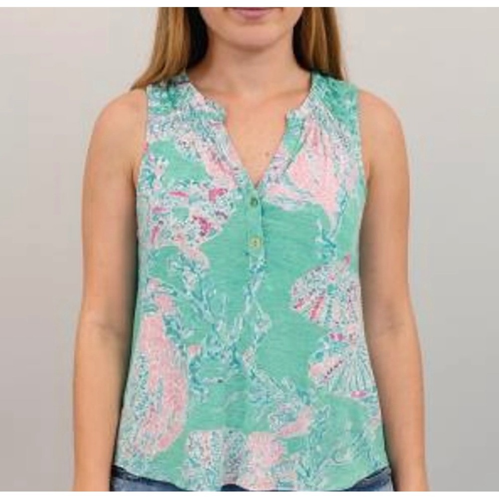 Lilly Pulitzer Mint Green Pink Seashell Coral Print Sleeveless Cotton Top Large